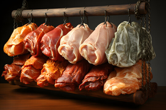 Freshly displayed cured meats at a local butcher shop showcase traditional culinary practices and craftsmanship
