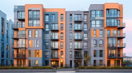 Modern Condominium Complex Exterior with Balconies and Colorful Facade at Dusk, Urban Living Concept