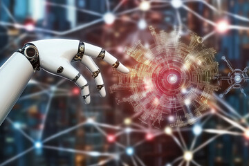 Futuristic Robotic Hand Interacting with Digital Network and Artificial Intelligence