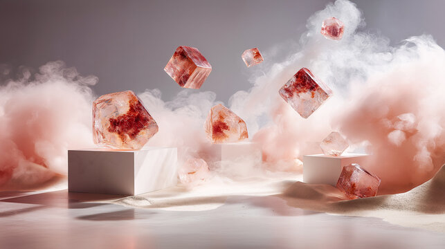 Floating reddish-brown crystals with geometric shapes hover above white pedestals in a surreal, misty setting, creating an ethereal and futuristic atmosphere.