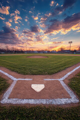 Obraz premium Evening light casts a warm glow over the baseball field during sunset, creating a magical atmosphere for sports lovers