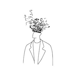 Vector minimalist line drawing of a person with plants growing out of their head and wearing a jacket art minimilist © waqas