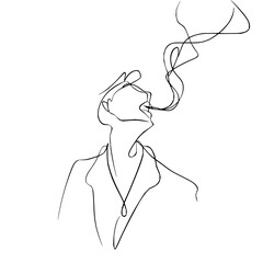 Vector continuous line drawing depicting a person smoking with smoke rising in a swirling pattern above minimilist
