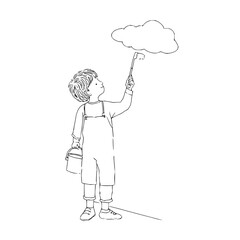 Vector a young boy in overalls paints a cloud on the wall with a brush while holding a bucket of paint minimilist
