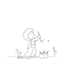 Vector a young child in overalls painting with a brush next to paint cans and small flowers on the ground minimilist
