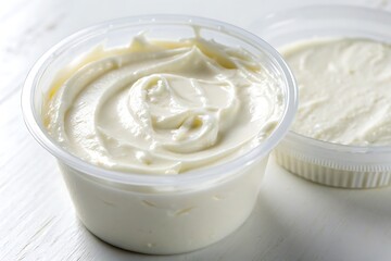 Close-Up of Smooth Cream in a Plastic Tub on a Light Background

