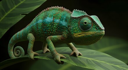 Obraz premium Vibrant chameleon perched on lush green leaf, showcasing intricate scales and textured skin detail.