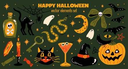 Halloween themed vector sticker elements set. Collection of cute groovy funky witchy aesthetic cartoon illustration of spooky magical witchcraft objects, pumpkin, skull, black cat, bats, ghost