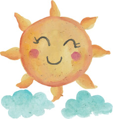 Smiling Watercolor Sun with Clouds