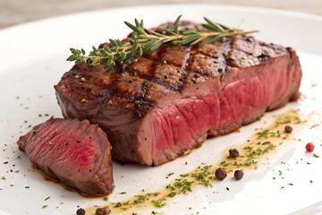 Fototapeta premium Juicy Grilled Steak Garnished with Rosemary on a White Plate