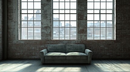 Fototapeta premium Render of modern sofa in front of windows in loft