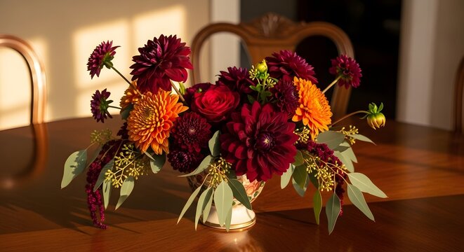 Elegant autumnal floral centerpiece with dahlias in warm evening sunlight