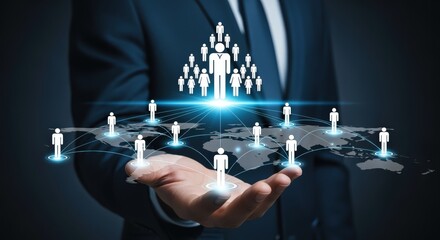 Global Network Concept: Man Holding World Map with Connected People Icons Representing Business Connection