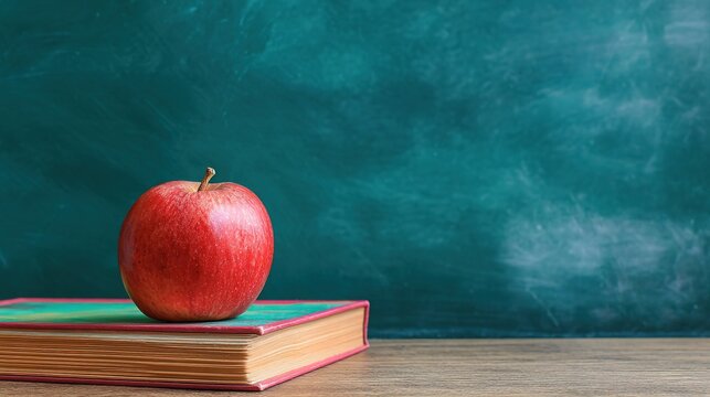 Red apple placed on book with green blackboard background, presenting campus and learning scene connection.