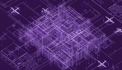 Smart zoning blueprint in lilac tones with high-speed mobility and drone corridors