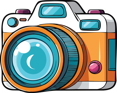 A stylized illustration of a vintage-style camera with a large lens, bright colors.
