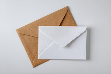 Two blank envelopes, one white and one kraft, are lying on a white surface, creating a minimalistic and elegant scene