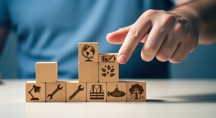 ESG Concept with Wooden Blocks Showing Environmental, Social, and Governance Icons for Sustainable Business Practices