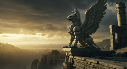Majestic griffin statue guards ancient ruins overlooking stormy mountain landscape with lightning strikes