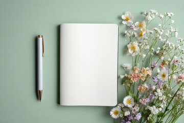 Flat lay mockup of a blank white notebook on a pastel green background with a pen and flowers, conveying a sense of order and femininity