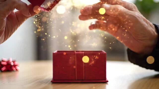 A touching moment of elderly hands opening a magical red gift box that releases glowing particles, symbolizing a precious memory, perfect for sentimental videos