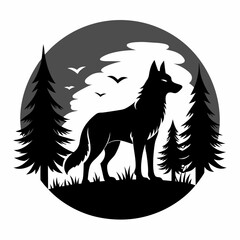 WOLF IN FOREST vector clean black silhouette design white background