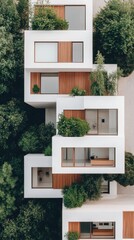 Obraz premium White modern building exterior stands among green foliage. Windows with wood design and shrubbery outside this geometric architectural creation.