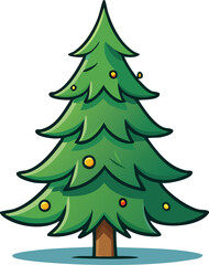 Cartoon illustration of a green Christmas tree with yellow and orange ornaments.
