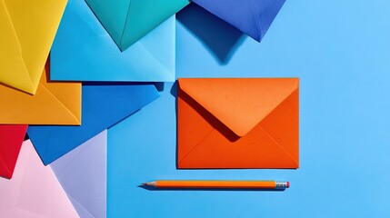 Colorful envelopes (with orange main one) and orange pencil on blue background, presenting creative, letter - writing and stationery scene.