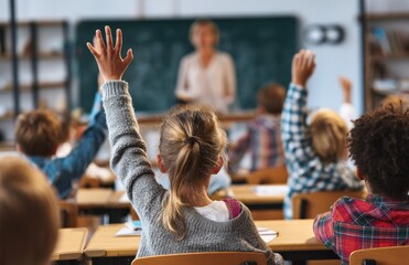 Elementary school students raising hands enthusiastically to answer the teacher's question, showcasing engagement and curiosity from a rear view
