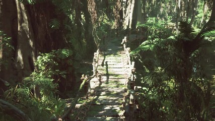 In a vibrant jungle, old wooden footbridges built by aborigines connect paths through dense vegetation, while soft morning light filters through towering trees and foliage.