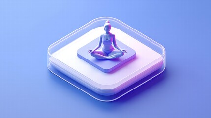 3D isometric illustration of woman meditating in lotus pose on platform inside transparent glass box with purple-blue gradient for calm tech wellness app icon.