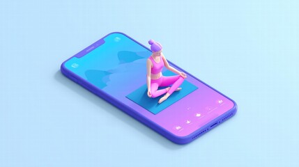 3D isometric illustration on smartphone screen: woman in pink activewear meditating on yoga mat with purple-blue gradient interface for fitness app design.