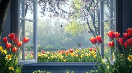 Obraz premium Springtime garden view through window