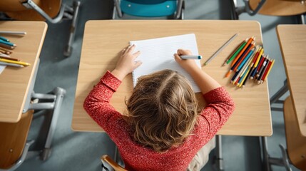 High angle view of schoolgirl writing on notebook with pen, sitting at desk in classroom, colored pencils on the table