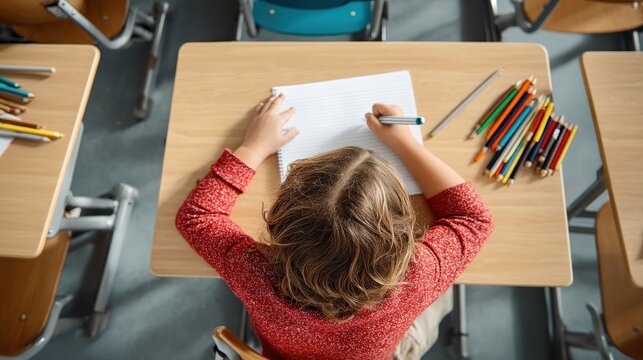 High angle view of schoolgirl writing on notebook with pen, sitting at desk in classroom, colored pencils on the table