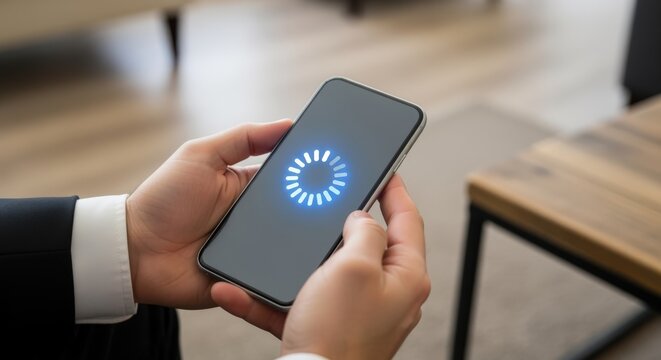 Man Holding Smartphone Displaying Loading Icon, Representing Technology, Connectivity, and Digital Progress