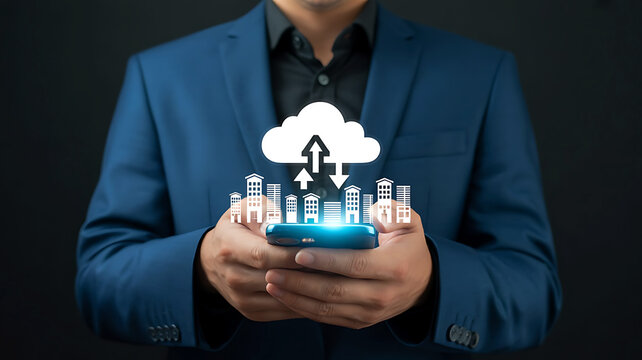 Businessman holding smartphone displaying futuristic cloud computing technology with digital city skyline and data transfer icons