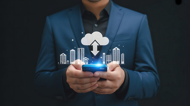 Businessman holding smartphone displaying cloud computing technology with digital cityscape and data transfer symbols - Powered by Adobe