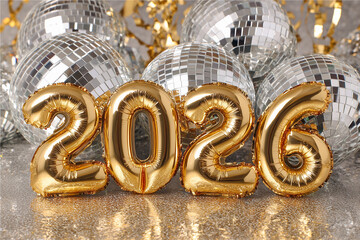 Gold 2026 balloons with disco ball on glitter background.