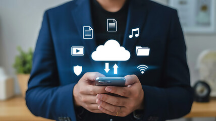 Person holding a smartphone with cloud computing icons and data transfer symbols floating above