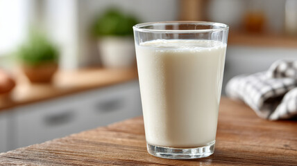 Glass of milk on a wooden table in a cozy kitchen