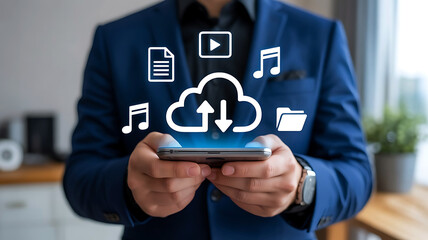 Businessman holding a smartphone with cloud computing icons representing data storage and digital media transfer