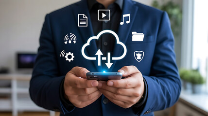 Businessman holding smartphone with cloud computing icons and digital data flowing to and from the cloud
