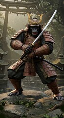 Samurai monkey warrior in forest holding dual blades