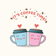 Adorable Coffee Time Illustration with Smiling Mugs