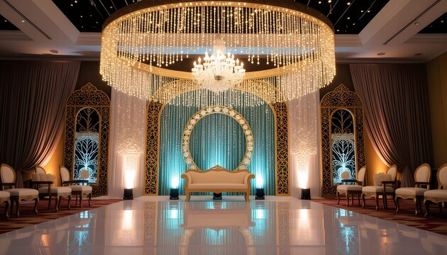 Sleek Pakistani walima stage with cascading fairy lights and mirror backdrops