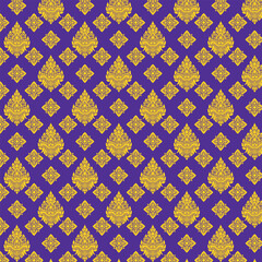 Elegant seamless pattern featuring golden Thai Singha motifs on a royal purple background, perfect for traditional textile, wallpaper, and decorative design.