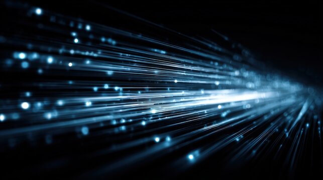 Abstract Data Stream Visualization: Futuristic Blue Light Rays Conveying Information across Dark Background