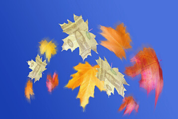 Money leaves blowing in the wind . Concept money growing on trees 